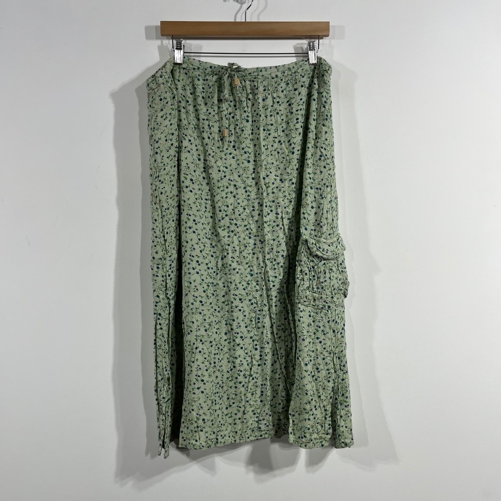 Vintage BlueSky Boho Fairy Grunge Floral Embroidered Midi Skirt Green Cargo Lg